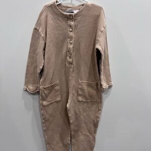 Zara Tan Button-Up waffle knit romper with floral details